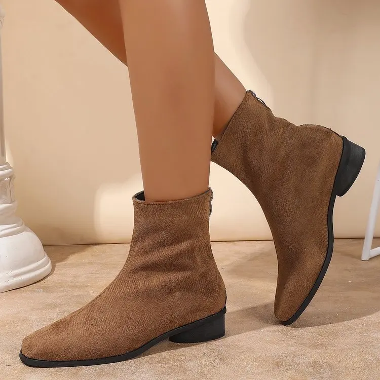 2025 Peach-colored Back-Zip Nude Boot - Fashion Square-Toe - Fall/Winter Style - High Heel - Women's Elegant - Tight Short Boot