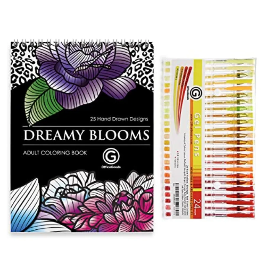

24 pcs Red Orange Yellow Gel Pens with Refills and Dreamy Blooms Coloring Book Bundle
