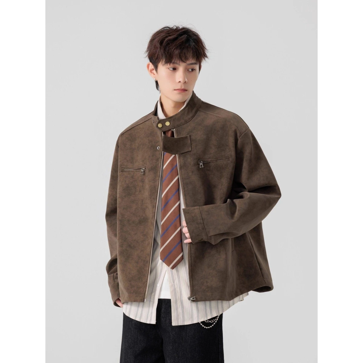 

Ретро американский байкерский джет из искусственной кожи, свободная повседневная верхняя одежда для мужчин и женщин, одинаковые комплекты для пар, мотоциклетное пальто с воротником-стойкой