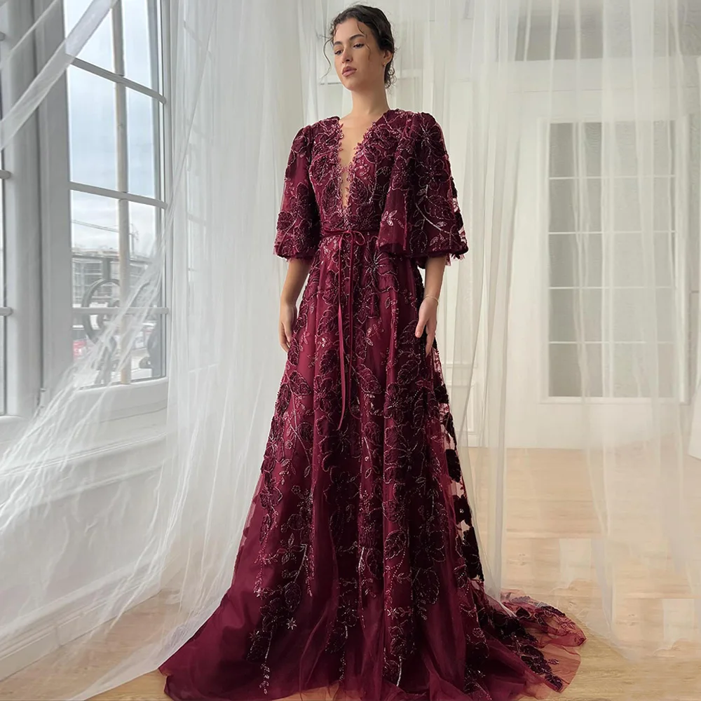 

Customized Lace Evening Dress Gorgeous Half Sleeves V Neck Beading Sequined Sweep Train A Line Prom Gown Formal Dresses