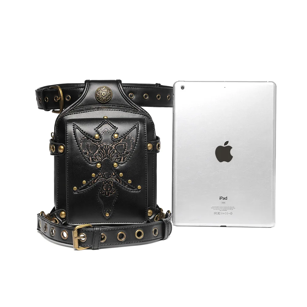 punk-splicing-embossed-pu-leather-tactical-waist-bag-motorcycle-vintage-riding-small-bag-for-women-cross-border-new-model