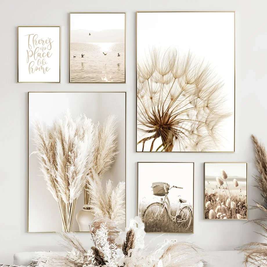 Wall Art Canvas Painting Beige Seagull Beach Bridge Reed Dandelion Living Room Decoration Posters And Prints Home Wall Pictures