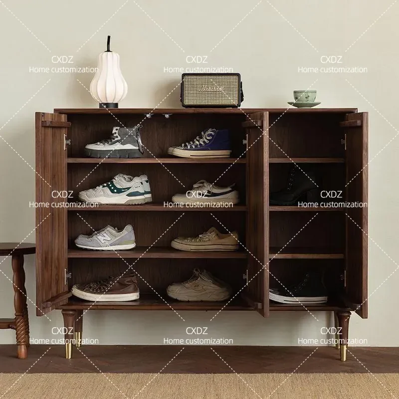 Solid wood shoe cabinet walnut color retro simple home door living room entrance large capacity storage locker log