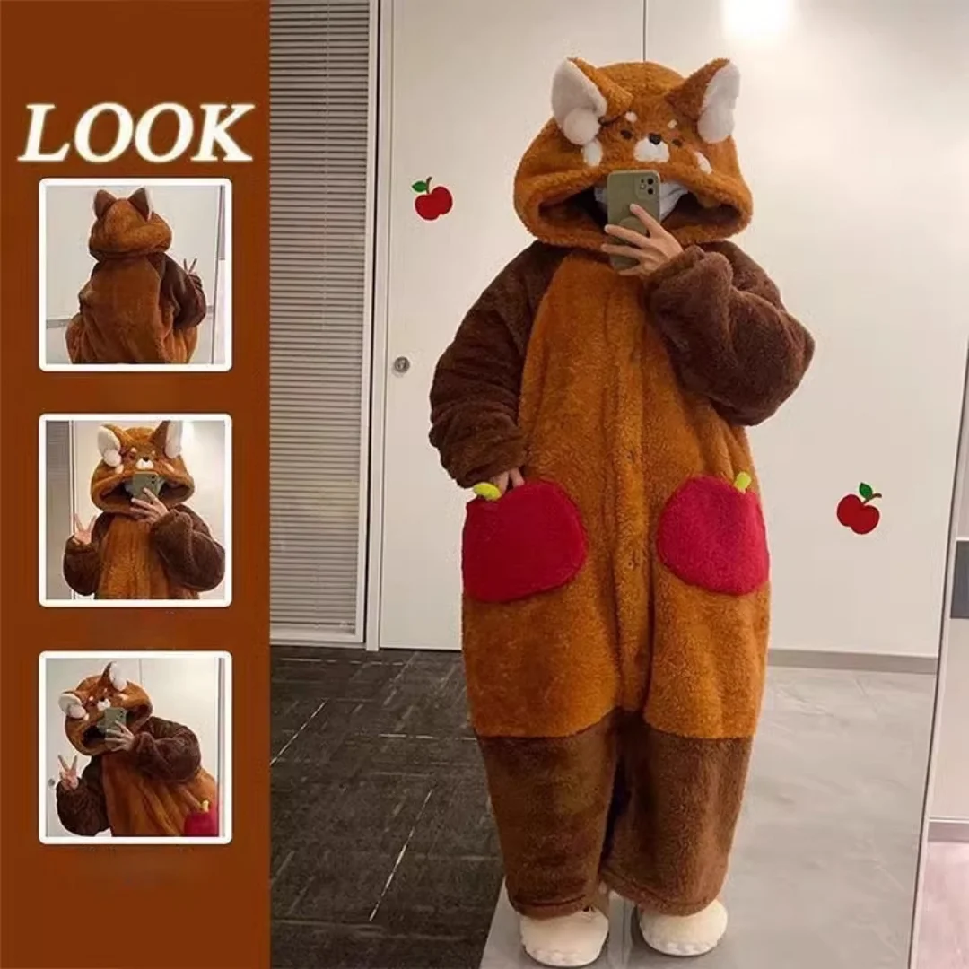 Winter Cartoon Red Panda Pajamas Long Warm Coral Fleece Bathrobe Cute Raccoon Home Wear Set for Women Halloween Christmas Gifts