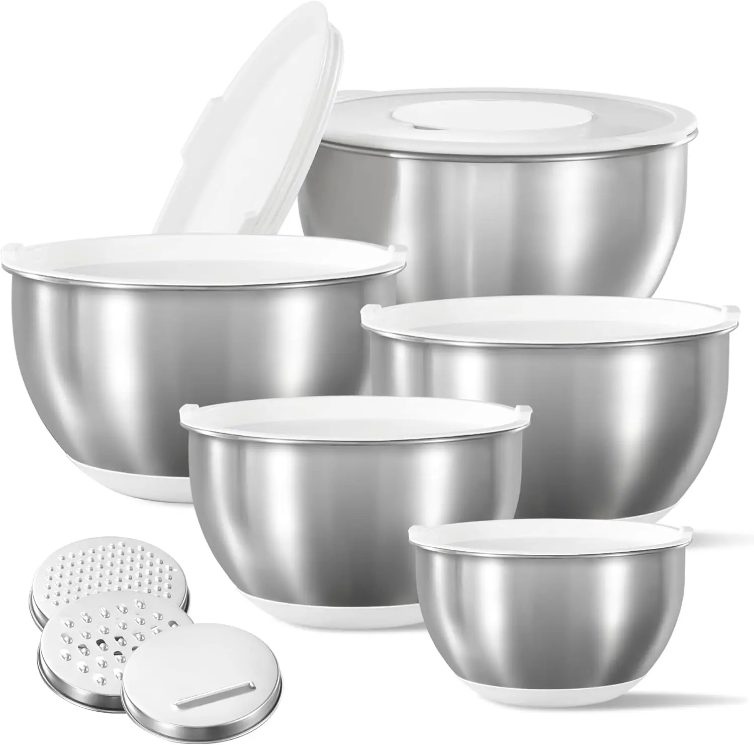 

Stainless Steel Mixing Bowls with Lids Set,12 Pcs Nesting Bowls Clear Airtight Lids 3 Grater Attachments,Non-Slip Bottoms