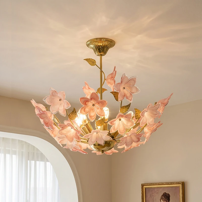 Murano Flower Glass Chandelier for Bedroom Living Room Vintage Iron LED Pendant Light with Pink White Glass Lampshade Home Decor