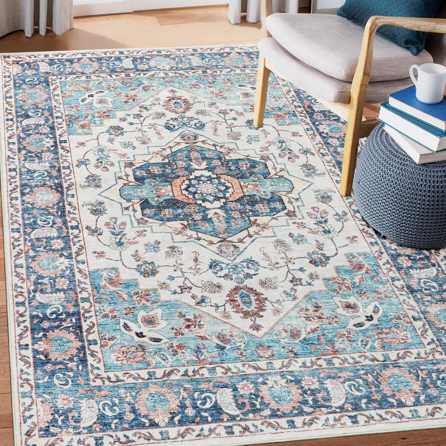 Stain Resistant Washable Rug Non-Slip Rug Vintage Boho Rug Non-Shedding Carpet for Bedroom Dining Room Kitchen Living Room
