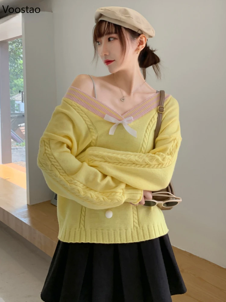 Korean Sweet Lolita Women V-Neck Knitted Pullovers Vintage Loose Jumper Cute Bow Japanese Girls Preppy Style Sweater Crop Tops