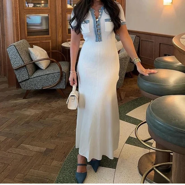 Elegant Denim Patchwork Knitted Long Dress Women Fashion V Neck Short Sleeved Buttons Bodycon Dresses Female White Pockets Robes