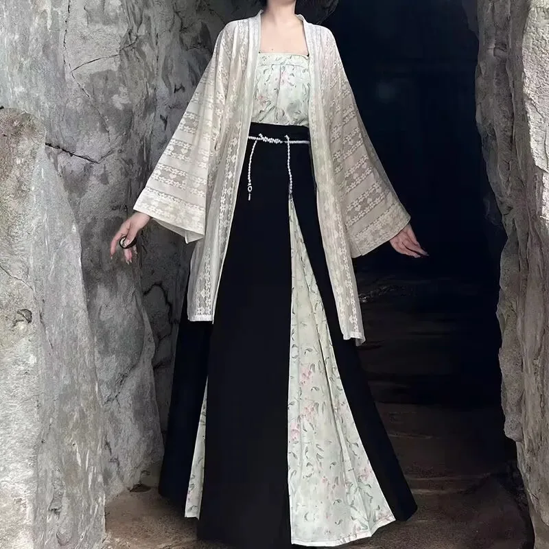 Hanfu زي المرأة الصينية خمر الأحمر والأسود سترة بروتيل تنورة Hanfu 3 قطعة الدعاوى تأثيري حلي حفلة الزي حجم كبير