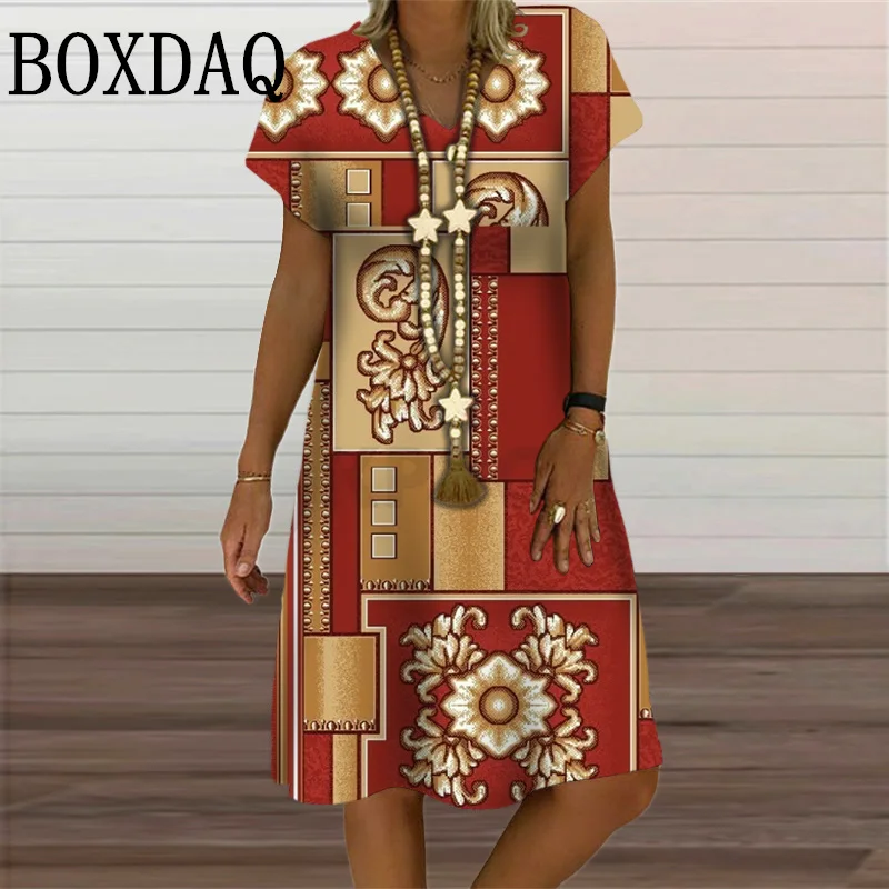 Ethnic Style Pattern Women Vintage Dress Summer 3D Print Geometry Loose Dress Oversize Ladies V-Neck Short Sleeve Sundress Dress