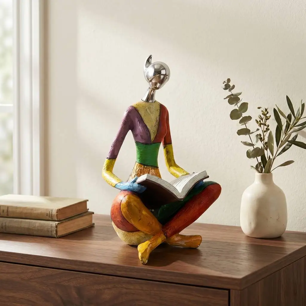 Abstract Character Yoga Reading Girl Colorful Statue Living Room Desktop Study Bookcase Home Decoration Resin Crafts Ornament