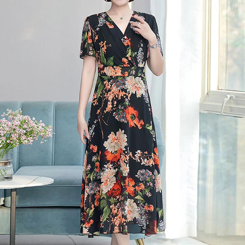 

2023 New Fashion V-Neck Floral Print Net Yarn A-line Female Summer Clothes Vacation Short Sleeve Chiffon Middle Length Dress