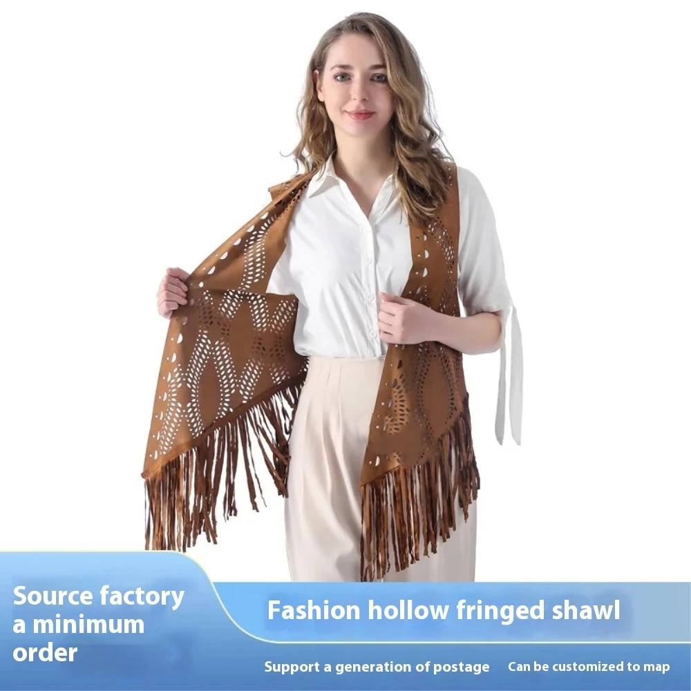 Western Cowboy Style Women's Suede Extra-Long Fringed Vest All-Match Folk-Custom Desert Beach Vacation Vest Shawl Size A2256
