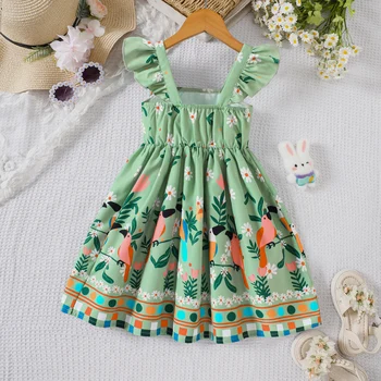 Girls Summer Plant Print Dress 2 Girls' summer style small fly sleeve plant print dress 2