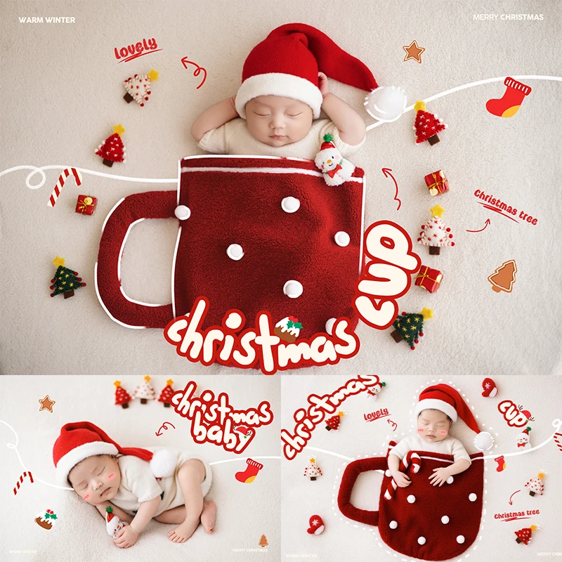 

Newborn Photography Props Soft Red Background Blanket 0-1 Month Baby Photo Backdrop With Pocket Cute Christmas Hat Jumpsuit Prop