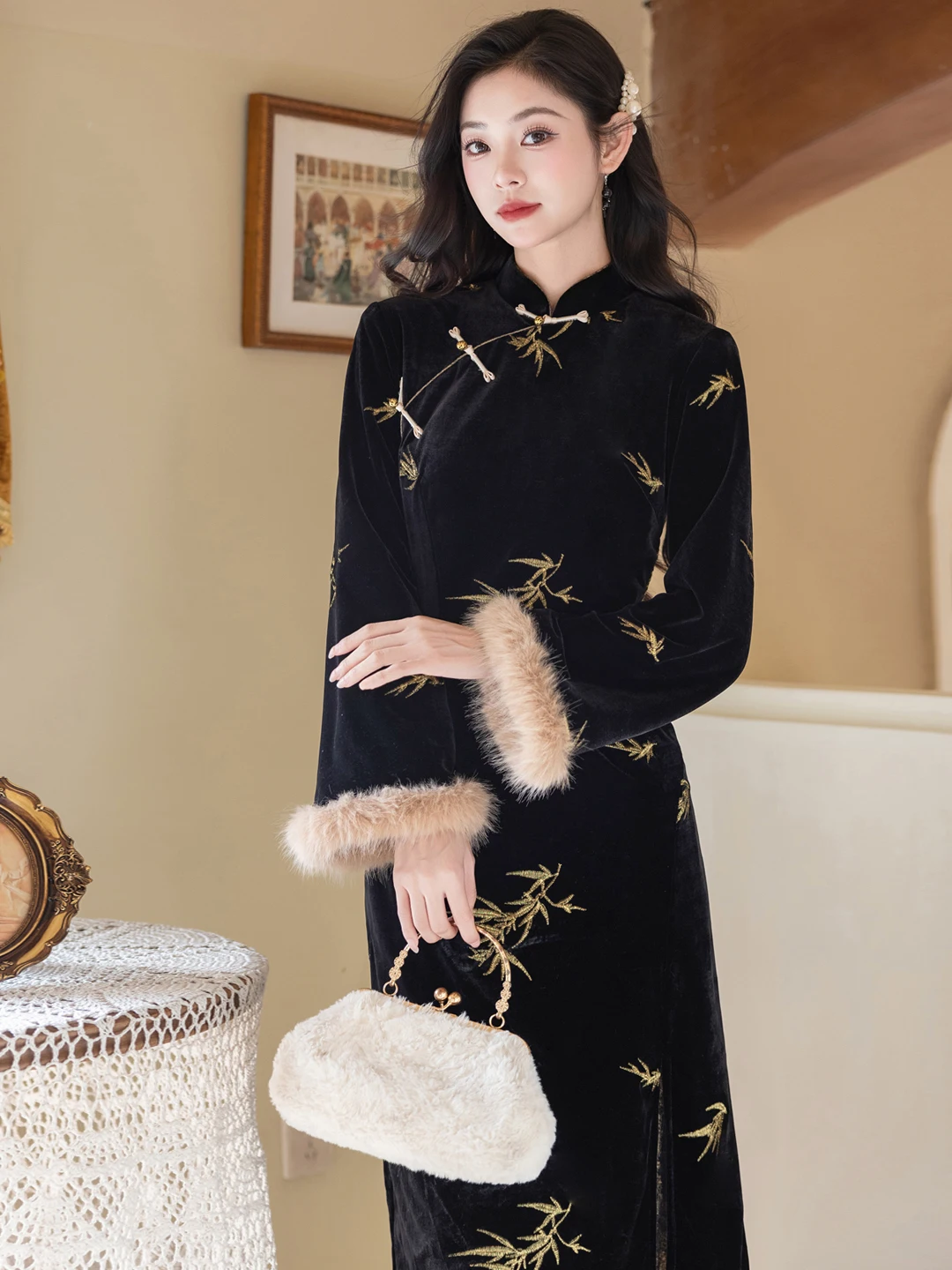

Bla Young Chinese Sle High-End Sensation Daily Wear Autumn Winter Long Sve Long Dr Warm Retro Sle