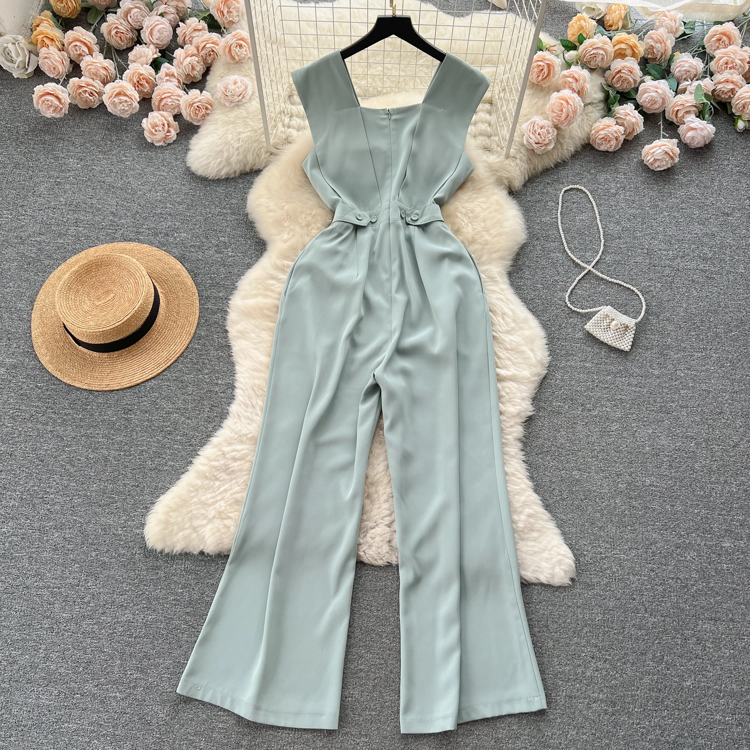 Korean Sle Square Collar One-Piece Pants High Waist Wide Leg Slimming Straight Cut Women's Suit Commute Summer 2023
