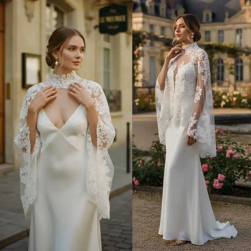 Romantic Bridal Capelet Jacket Lace High Neck Long Sleeve Bridal Accessory for Bridal Outfit Layering Formal Weddings Customized