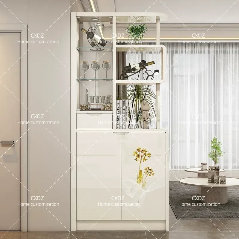 Cream Entryway Partition Cabinet Double Sided Hall Screen Shoe Storage Wine Rack Decorative Divider for Small Apartment