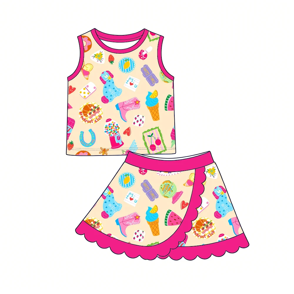 Boutique Girls Set camisole top with scalloped edge short skirt flower strawberry prints girls set custom wholesale