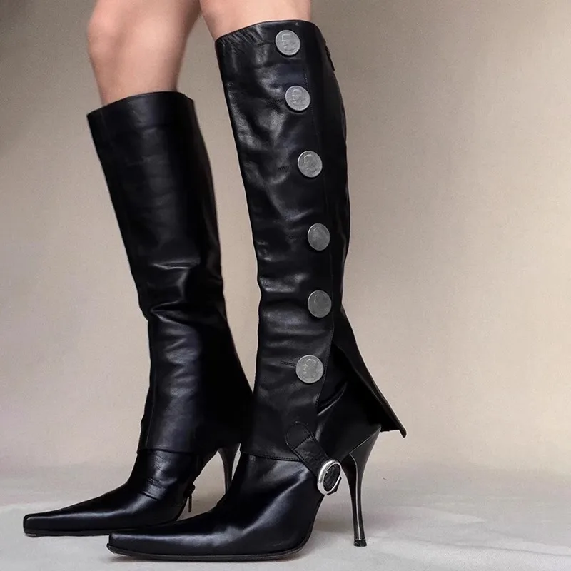 Sexy Metal Decoration Winter Women Boots Pointed Toe Zip Retro Knee High Boots Detachable Leather Designer Women's High Boots