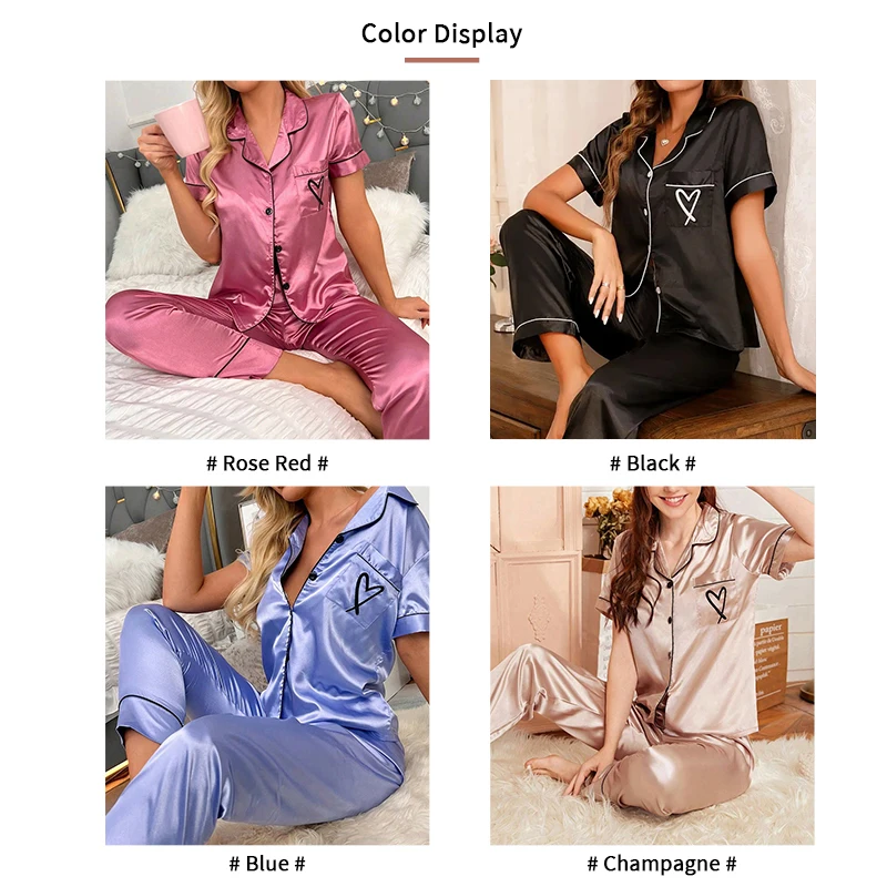 Heart Embroidery Satin Pajama Set Casual Short Sleeve Button Up Lapel Collar Top & Elastic Pants Pyjama Women\'s Sleepwear Pj Set