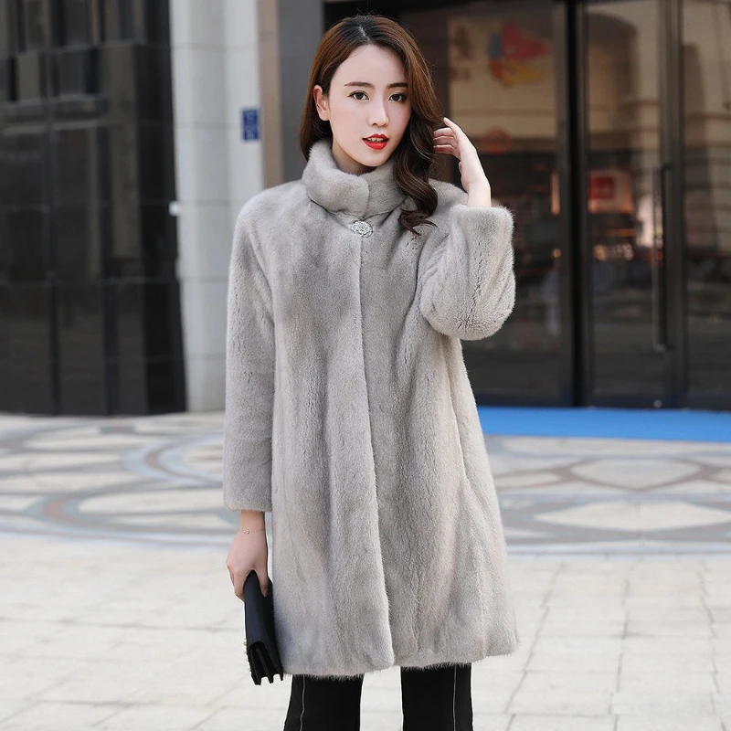 

Women's long mink coat winter new fashion stand collar warm fur coat casual large size