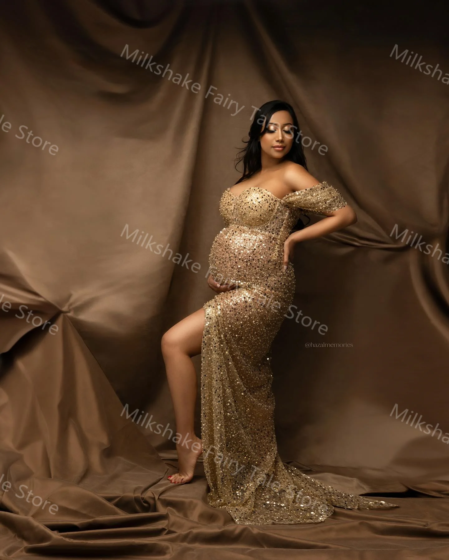 Sexy Gold Sequins Maternity Robes Off Shoulder Glitter Photography Pregnant Women Dresses Customized Side Split Babyshower Gowns