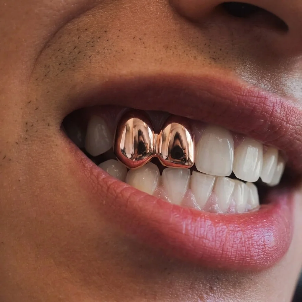 GUCY Double Caps Gold Color Plated Teeth Grillz Canine Plain Two Teeth Right Top Single Caps Grills Halloween Gift