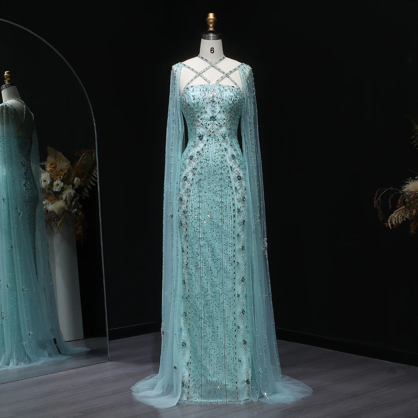 Sharon Said Dubai Champagner Meerjungfrauen-Abendkleider mit Cape-Ärmeln Aqua Criss Cross Flieder Hochzeits-Partykleid SS391 Maßanfertigung – Detail 9