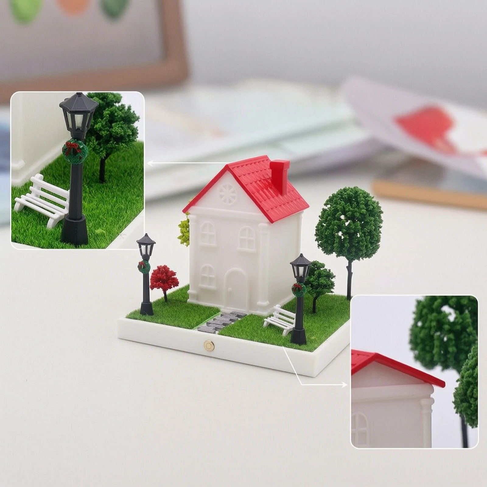 Miniature House Lamp Rechargeable LED House Light with Bench Table Lamp Compact Tabletop Ornament Detailed for Dorm Room, Desk