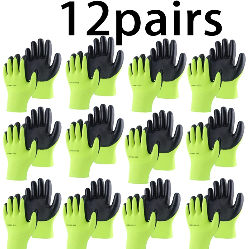 12 pairs - Advanced work gloves - Durable wrinkled latex coating, suitable for construction, warehouse handling, gardening