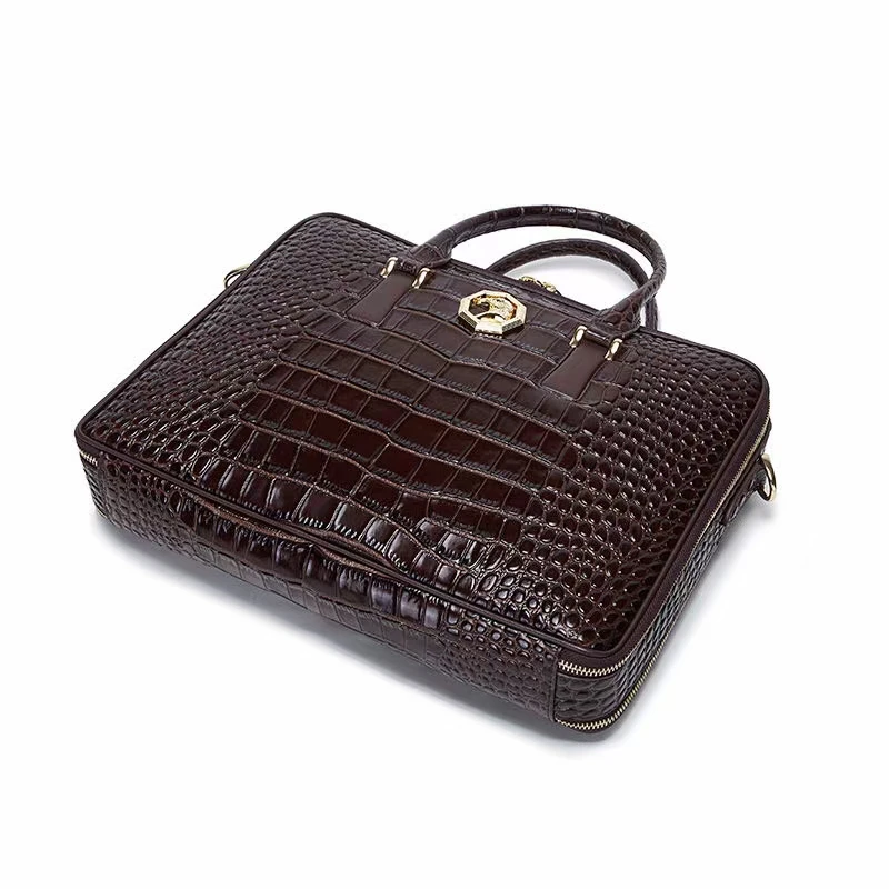 Crocodile Grain Leather Men\'s Briefcase Large Capacity Business Head Layer Cowhide Handbag Luxury Shoulder Bag