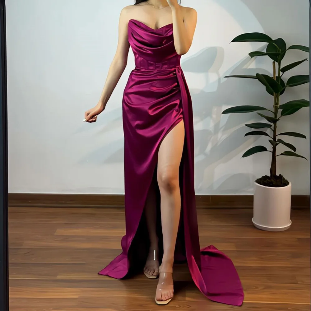 Boat Neck Zipper Back Sleeveless Satin Floor Length Straight Front Slit Temperament and Exquisite Strapless Evening Dress 2024