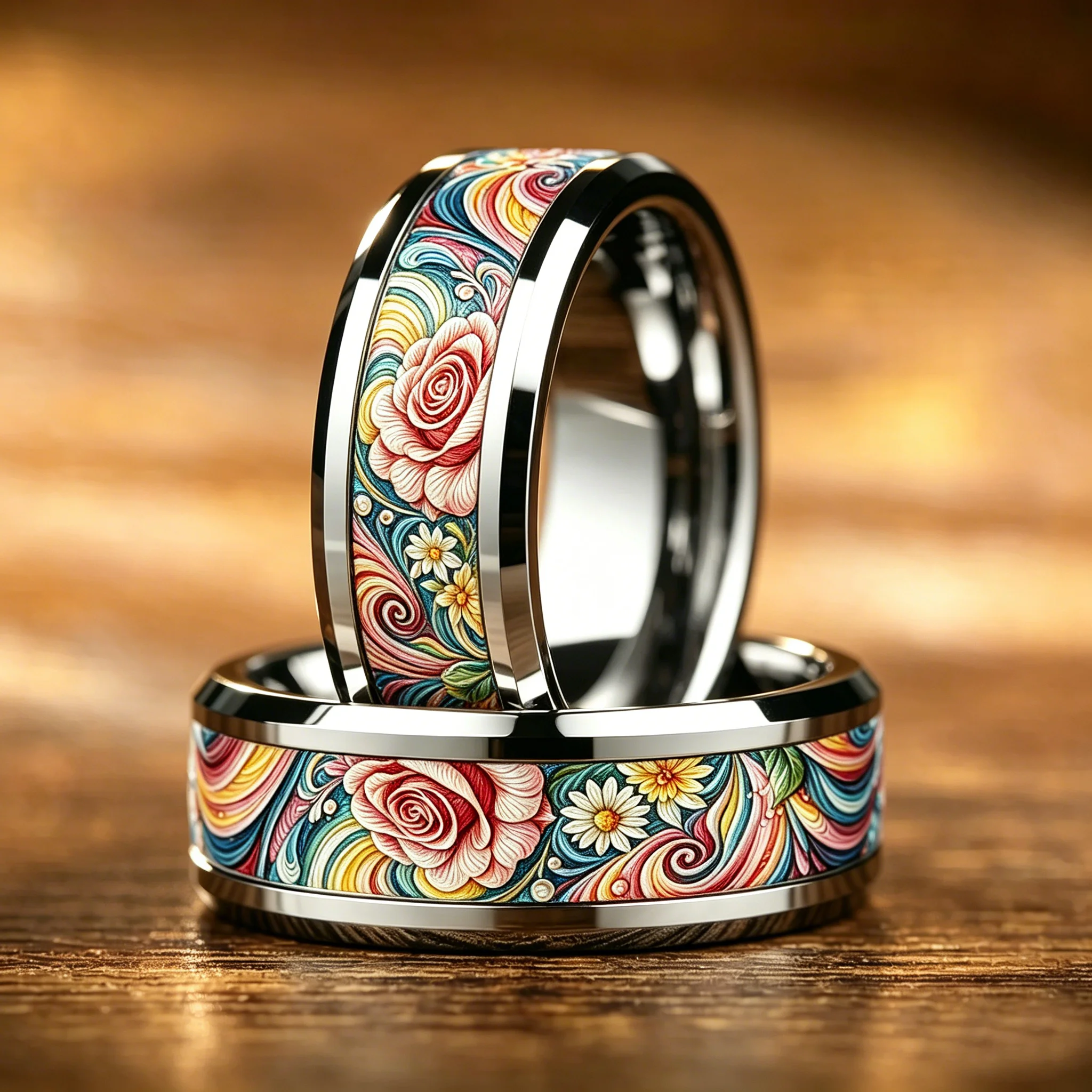 Boho Vintage Colorful Daisy Flower Inlaid Stainless Steel Rings For Women Men High Polished Bevel Edge Wedding Band Jewelry Gift