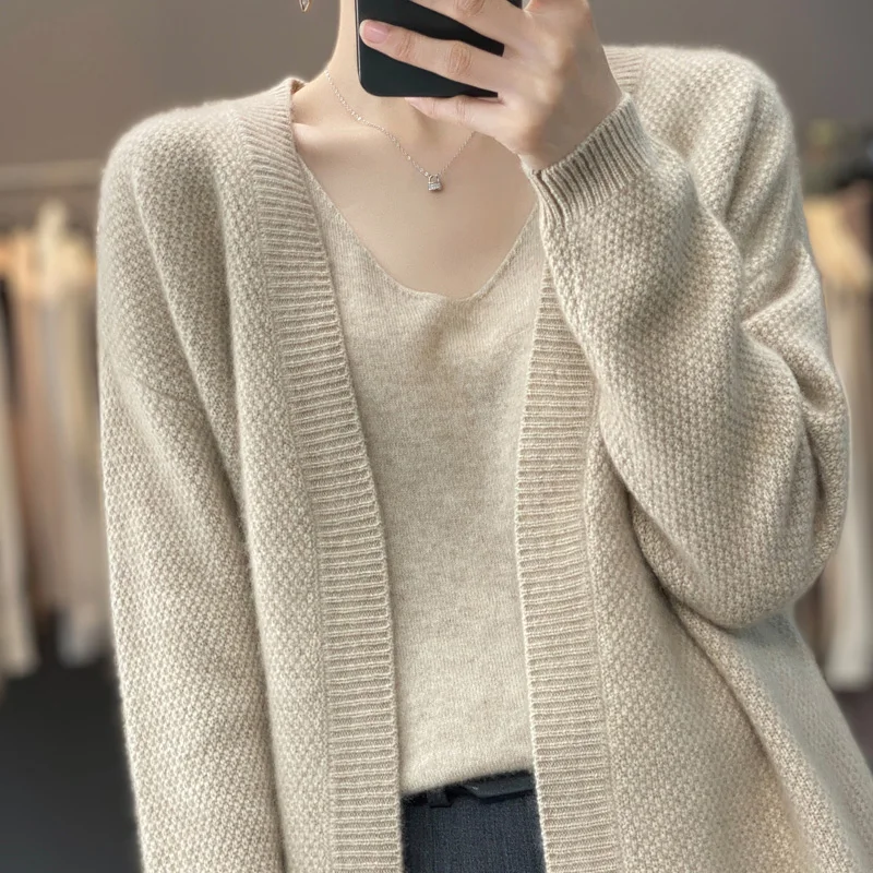 

Fashion Two-Piece Suit Solid Color 100% Merino Wool Cardigan Sweater Cashmere Pullover Long Sleeves Soft Warm Clothing Top
