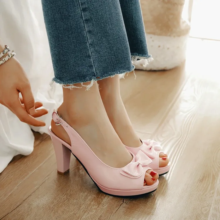 Oversize  Large size  women shoes Thick-heel women shoes summer ladies shoes big size big size to 27.5cm Solid color bow studs