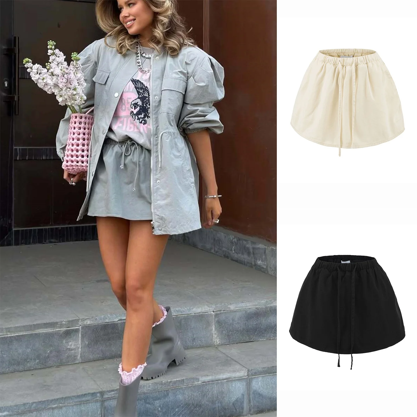 

Casual Sle Pleated ort Skirt Loose Fit Denim Material Padded Waist Bow Tie Design mid Waist Polyester Fiber