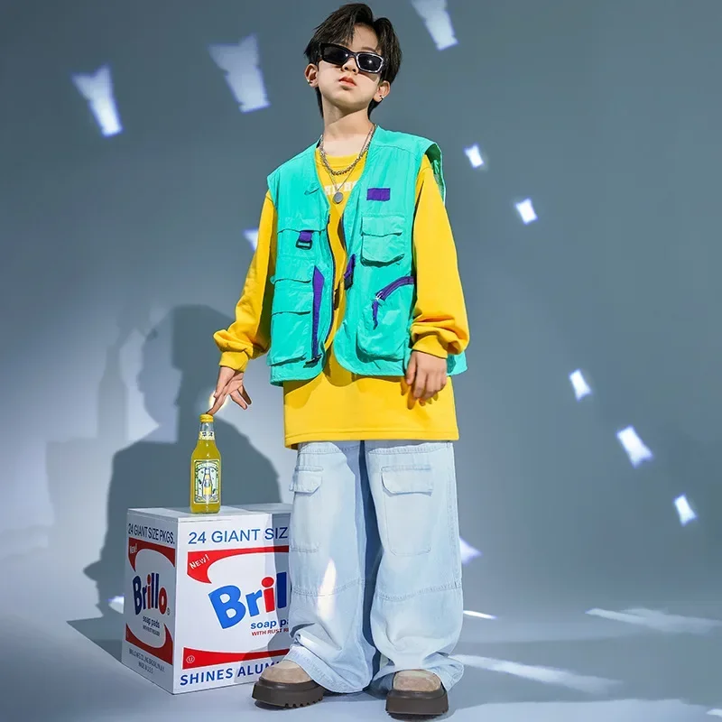 

Teen Boys Hip Hop Clothing Blue Sleeveless Jacket Vest Casual Street Denim Pants for Kids Jazz Dance Costume Child Kpop Clothes