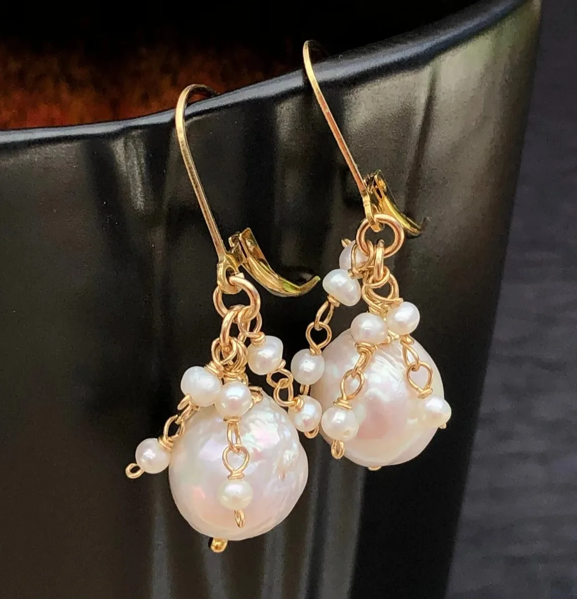 White Baroque Pearl wrapped natural gemstones cluster dangle drops Earrings