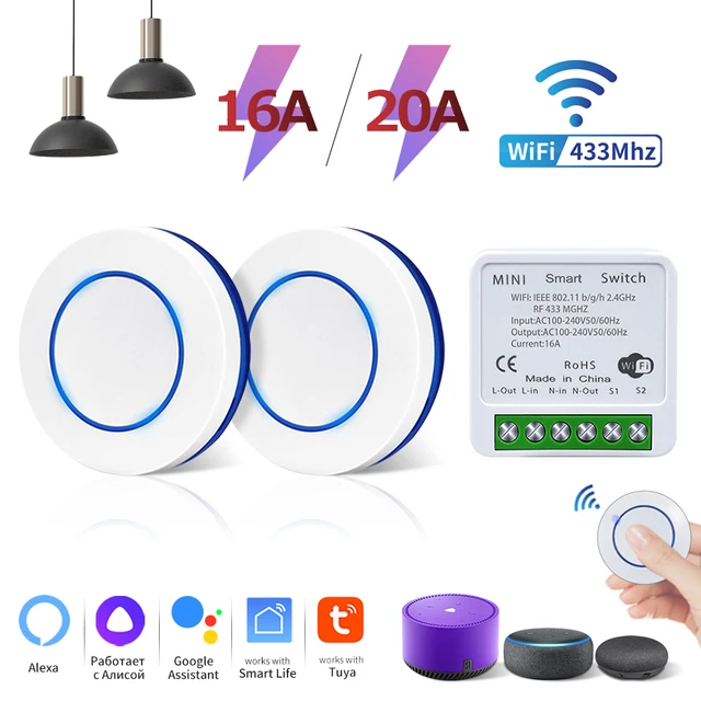 Wifi Tuya Smart Switch RF 433MHz 16/20A Alexa Google Assistant Alice Bezprzewodowy przekaźnik DIY Mini moduł do panelu ściennego Oświetlenie LED