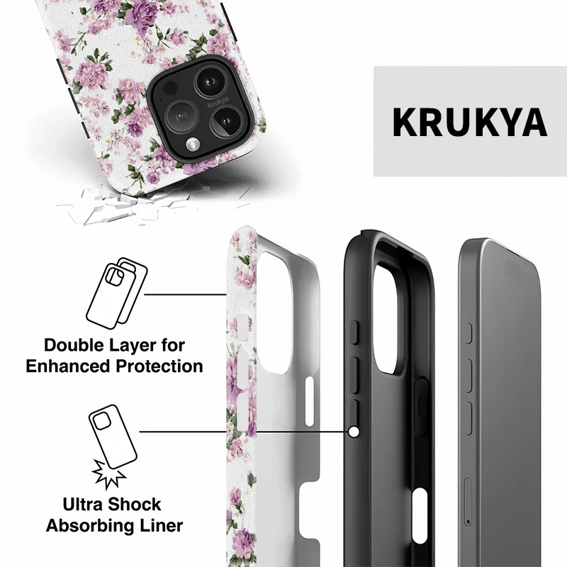 Krukya جراب هاتف آيفون X XR XS ماكس SE 2020 16 15 14 Plus 13 12 11 Pro Max الصلب PC طبقة مزدوجة غطاء زهرة الأكريليك