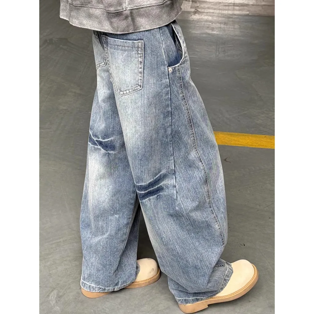 

American Retro Hiphop Men's Wide Leg Knife Jeans Striped mid Waist Cotton Casual Loose Straight Tube Trousers