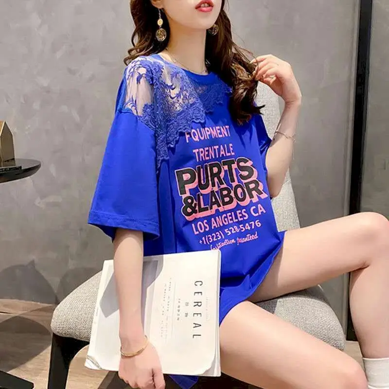 

Womens T Shirts Fashion Loose Mid-length Short Sleeve T-shirt 2024 Summer Trend Korean Style Oversized Lace Stitching Tshirts