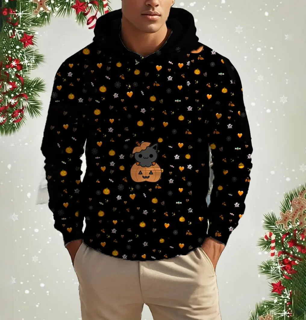 New Fashion Cool Halloween Hoodie Mens 3D Printed Pumpkin Bat Spider Web Pattern Pullover Casual Hooded Sweatshirt Long Sleeved