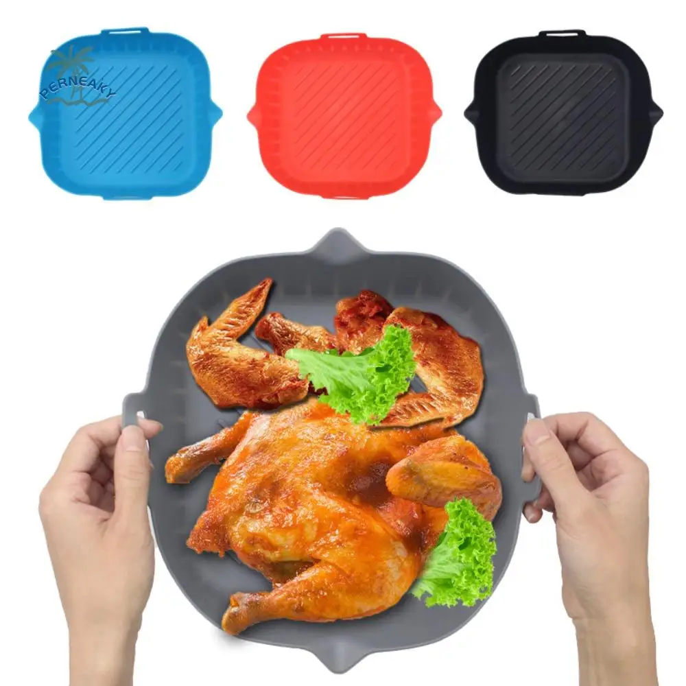 

Square Silicone Air Fryer Basket Reusable Non-stick Air Fryer Liner Easy To Draining Oil with Spout Oven Baking Tray Kitchen