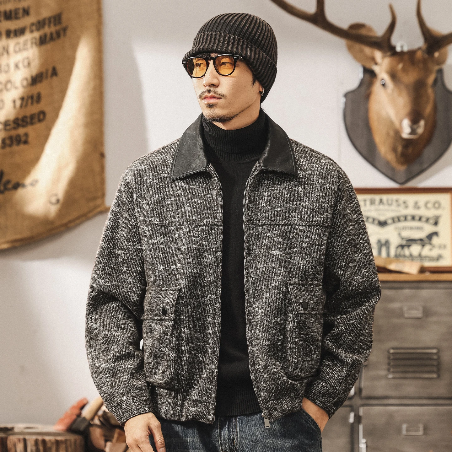 

Высокопроизводительная ретро-куртка для мужчин на осень и зиму, с высококачественным жаккардовым трикотажем и модной рабочей одеждой.