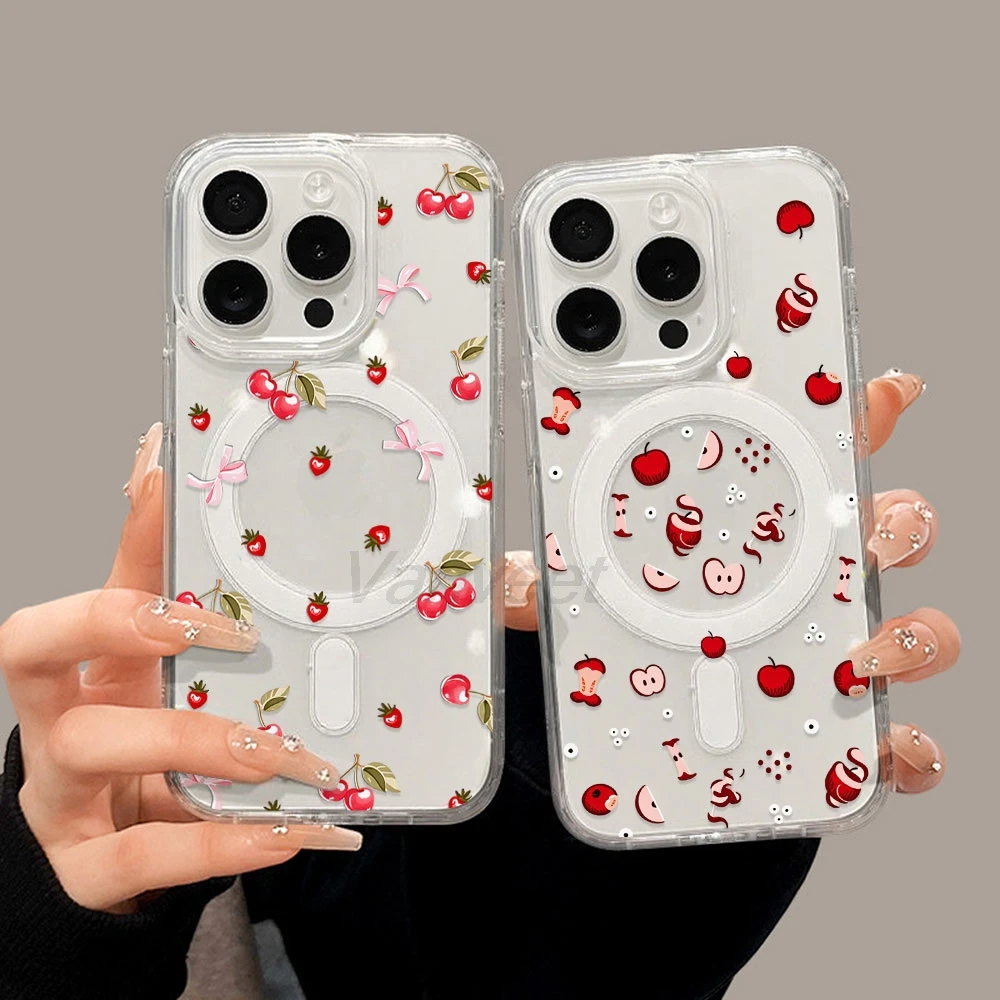 Red Apple Fruit Phone Case For iPhone 17 16 17 Pro Max 15 13 Pro 14 12 Air 11 Wireless Charging Transparent Cover Funda Magnetic