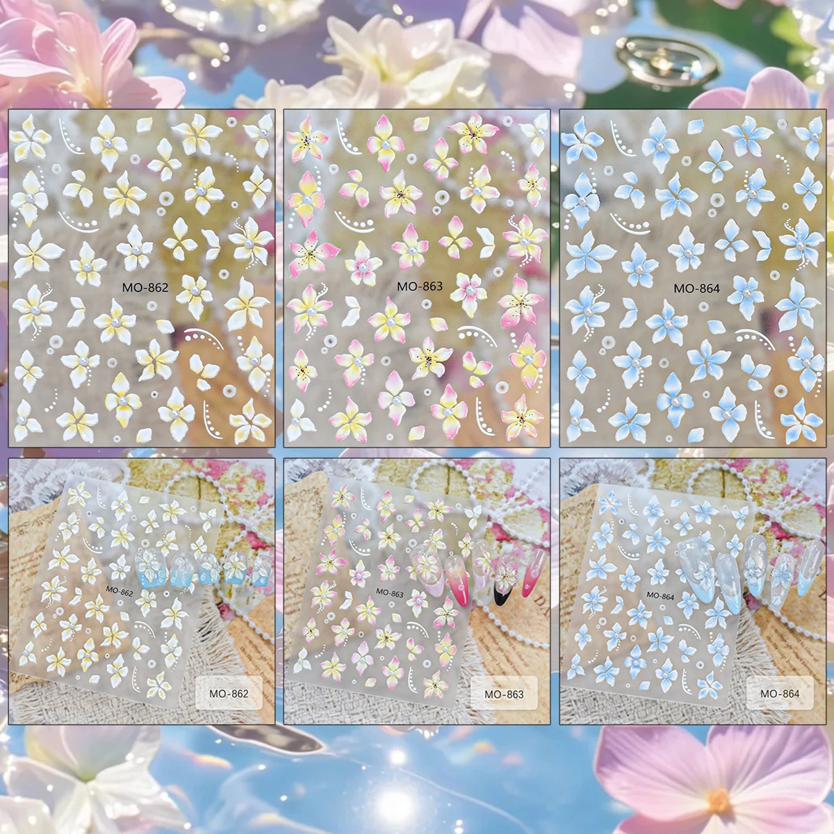 3/6/12 Sheets 5D Embossed Flower Nail Art Decals Pastel Blue Pink Floral Petal Adhesive Spring Summer DIY Manicure Nail Stickers